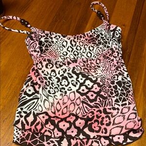 Pink and Brown Tankini with beaded Spaghetti Straps